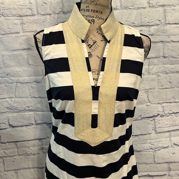 Sail to Sable Nautical Dress Striped Gold Metallic Trim Sleeveless Size Small - Picture 2 of 9